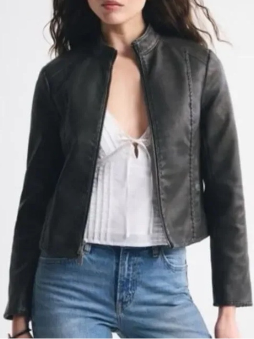 Abercrombie & Fitch Vegan Leather Mock-neck Braided Trim Faded Black Jacket L